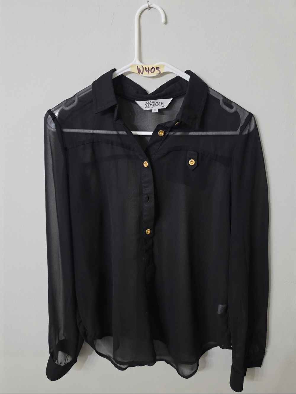 Women’s Tramp Black Sheer Button Front Blouse Size Small  with Gold Buttons
